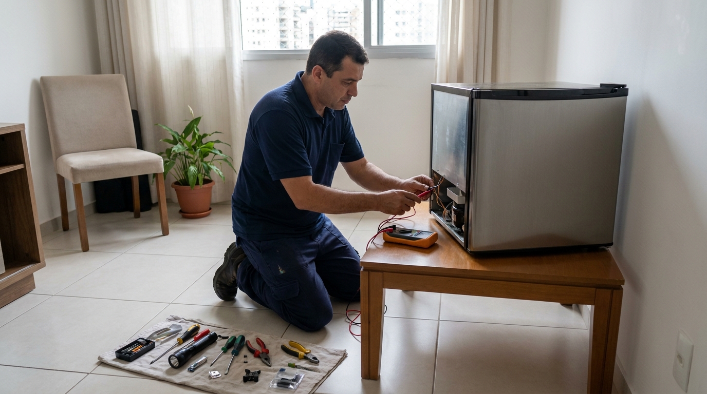 Técnico revisando o motor de um frigobar em Governador Valadares‑MG