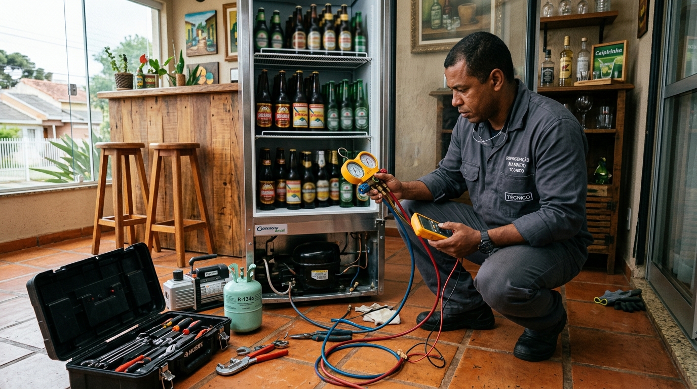 Técnico conferindo a temperatura de uma cervejeira durante atendimento em Governador Valadares‑MG