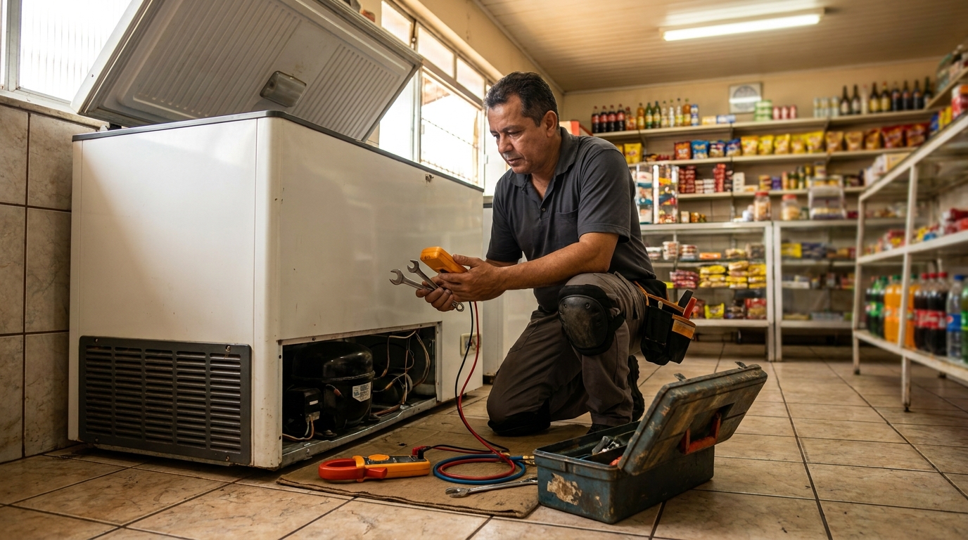 Técnico avaliando um freezer vertical durante atendimento em Governador Valadares‑MG